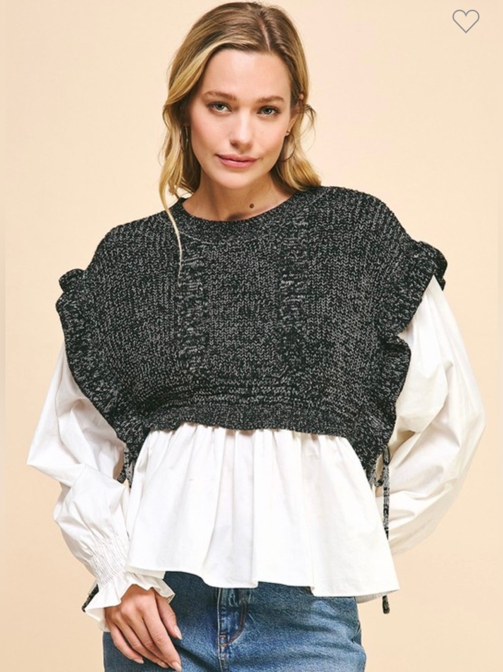 Pinch Women’s Large Layered Sweater Blouse Black White Ruffle Tie Side Top NWOT
